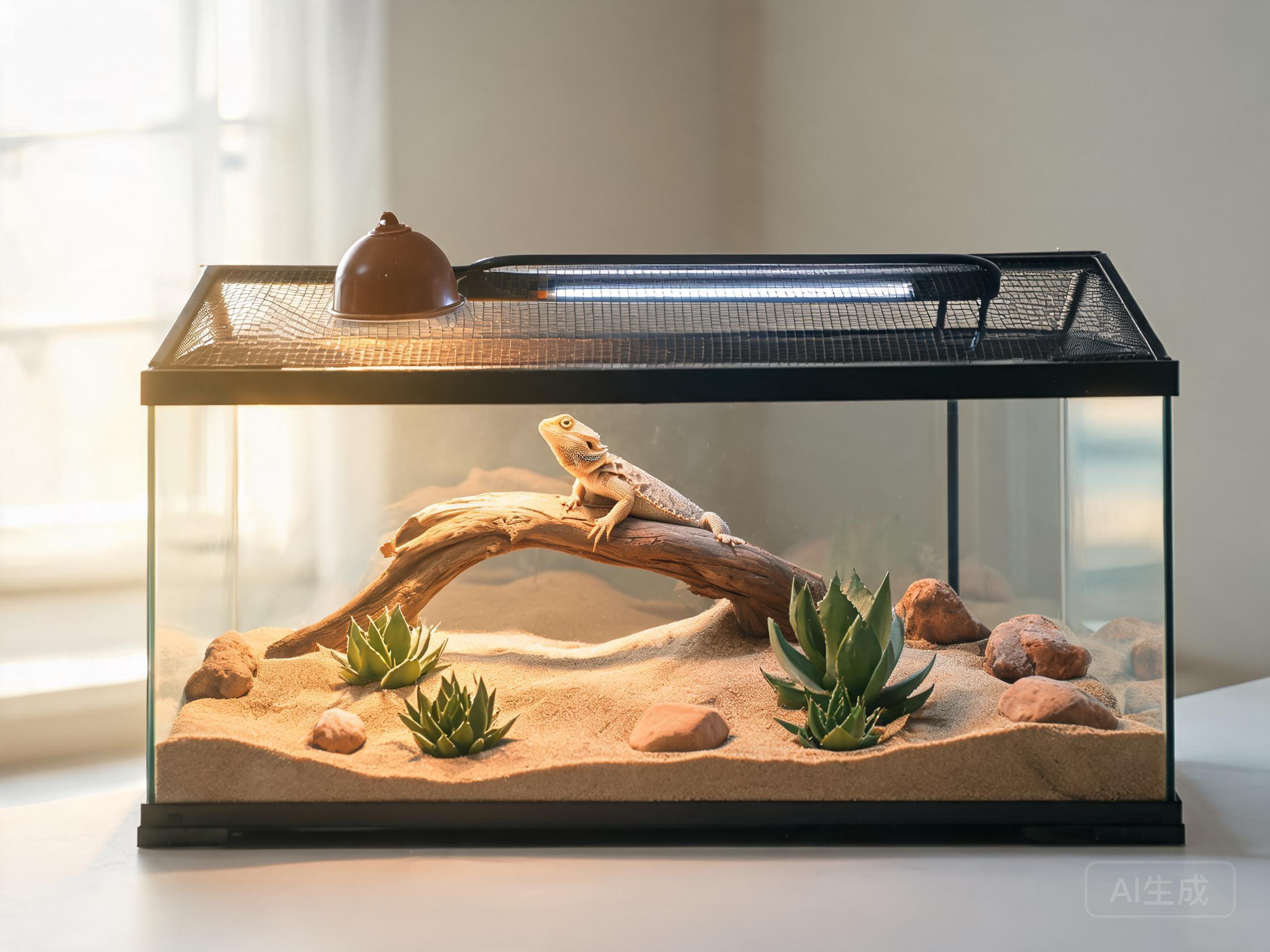 A bearded dragon enclosure with basking and UVB lighting