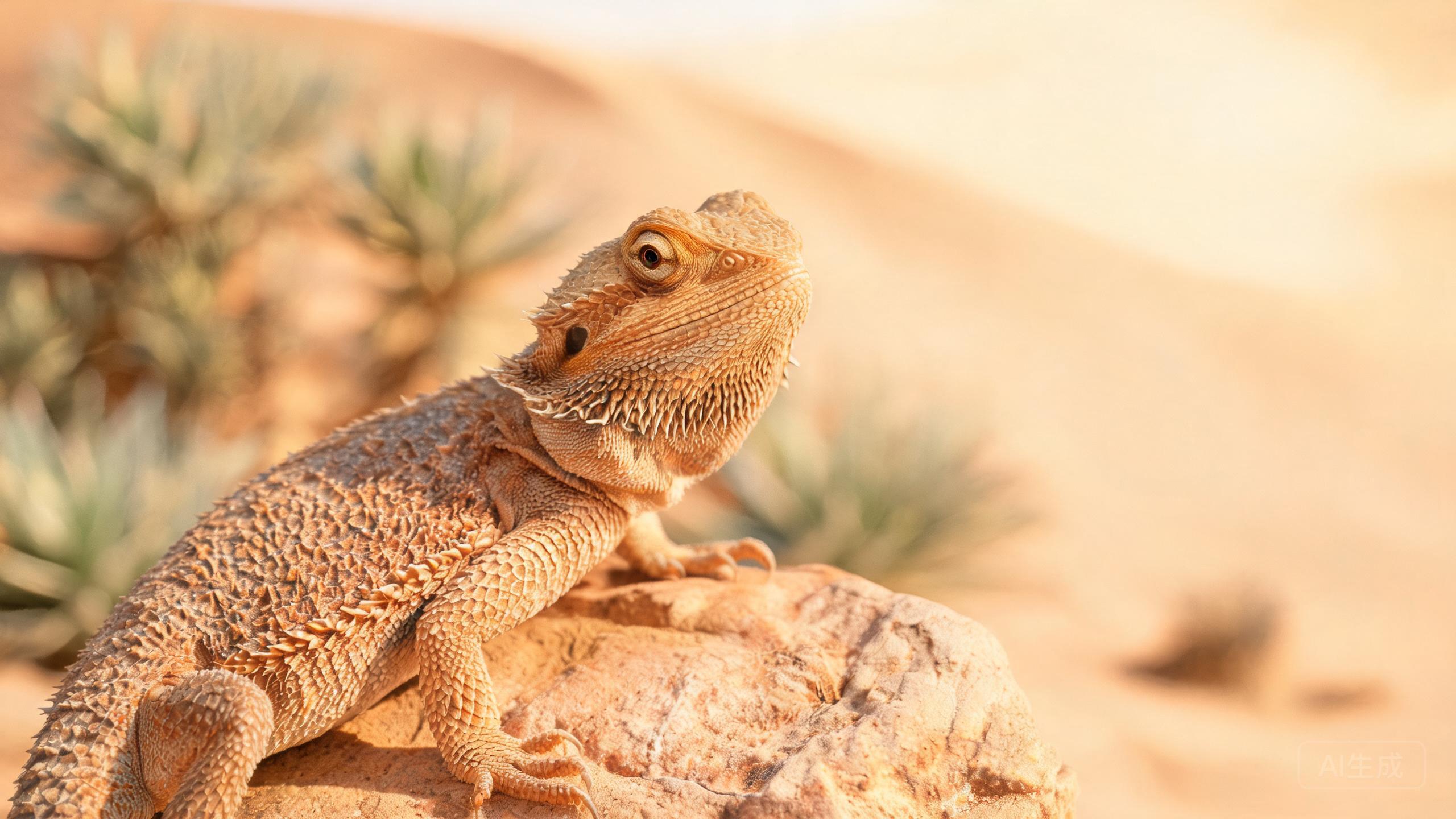 A bearded dragon resting on a sunlit rock