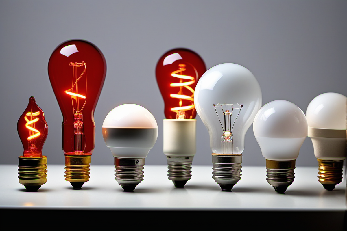Five different heat lamp bulbs for bearded dragons: halogen flood, frosted incandescent, red infrared night bulb, ceramic heat emitter, halogen spotlight