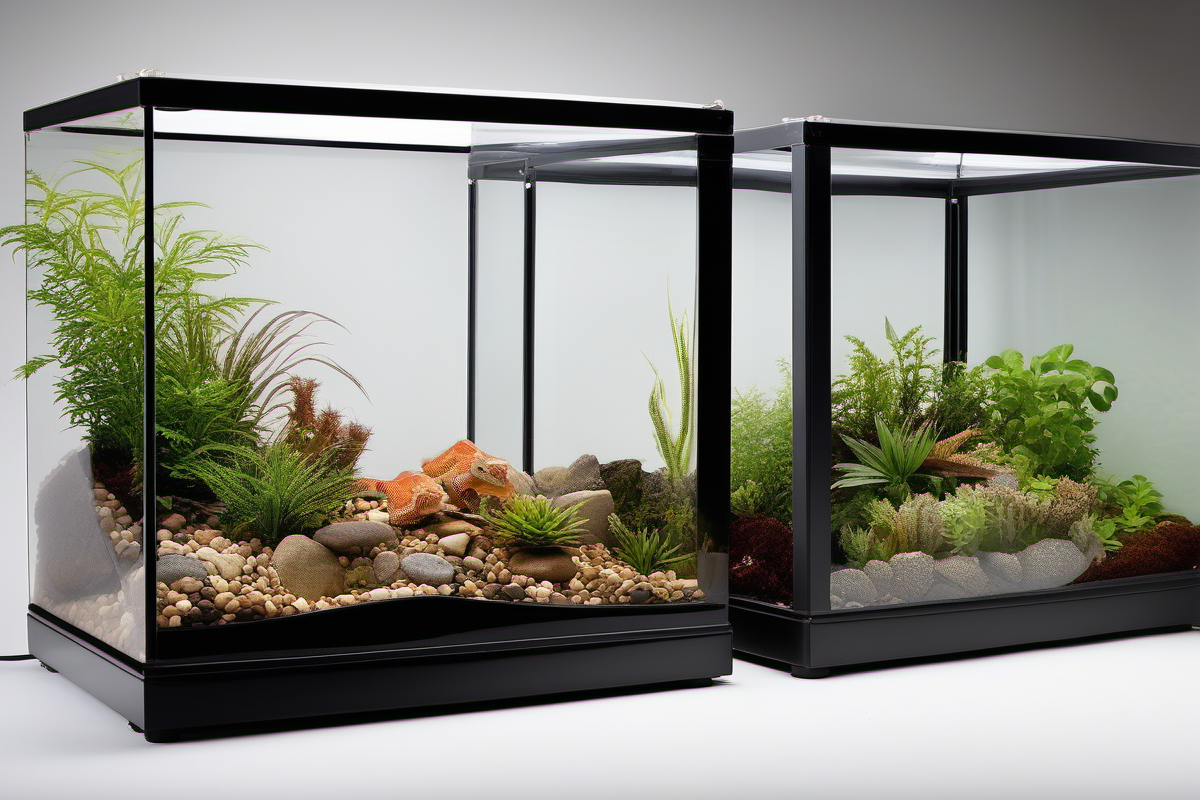 Two bearded dragon terrariums side by side: glass and PVC enclosures for adult bearded dragons